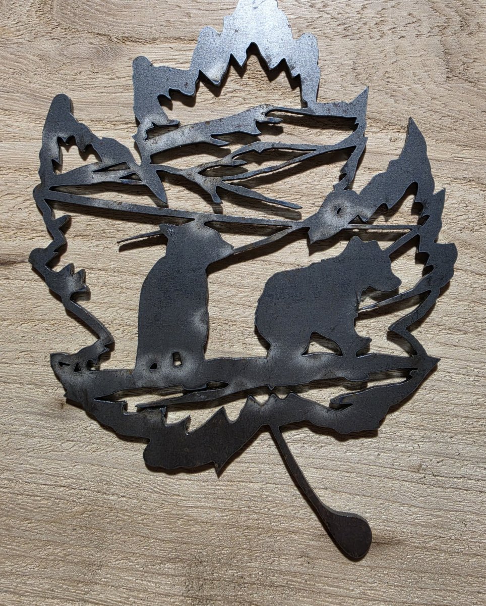 Bear Forest Scene Steel Maple Leaf Metal Wall Art