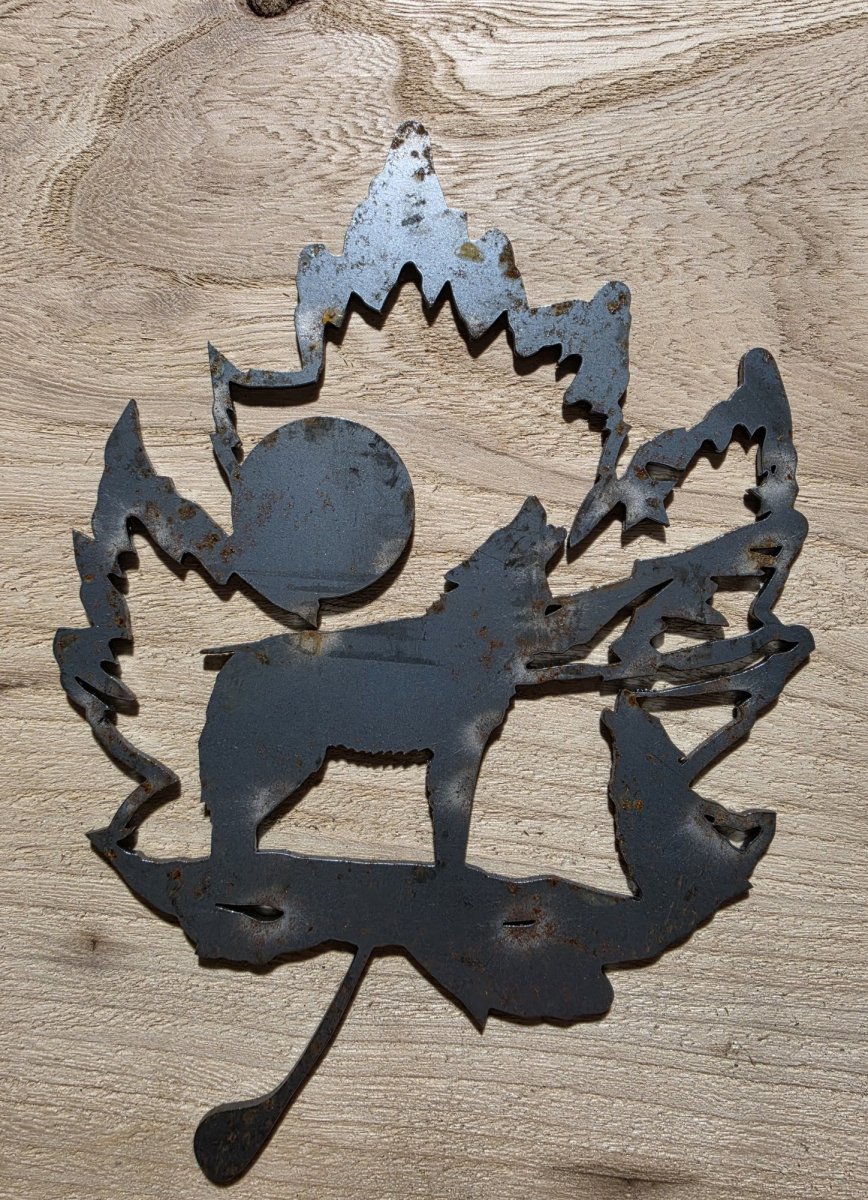 Howling Wolf and Moon Steel Maple Leaf Metal Wall Art