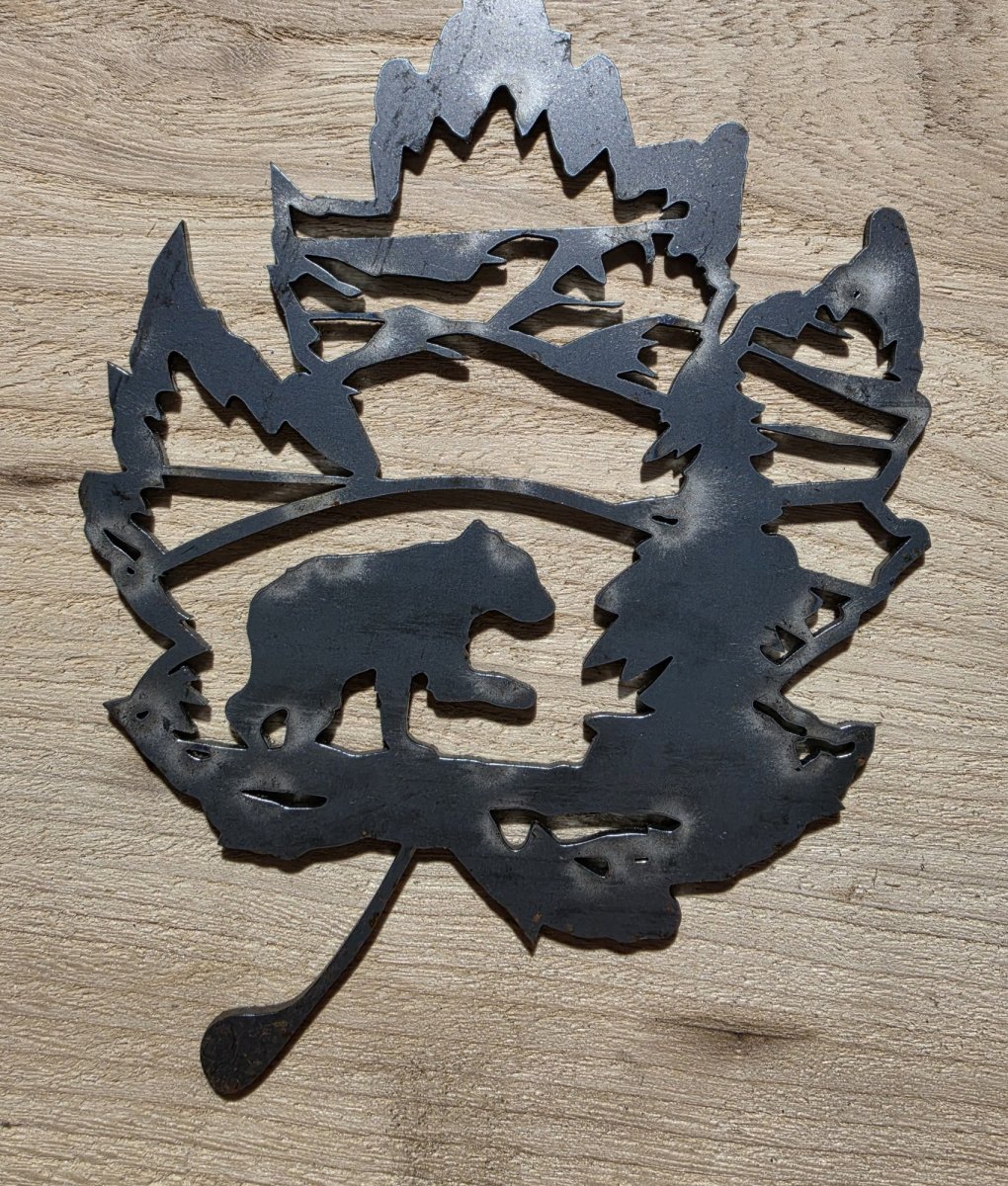 Walking Bear and Pine Steel Maple Leaf Metal Wall Art